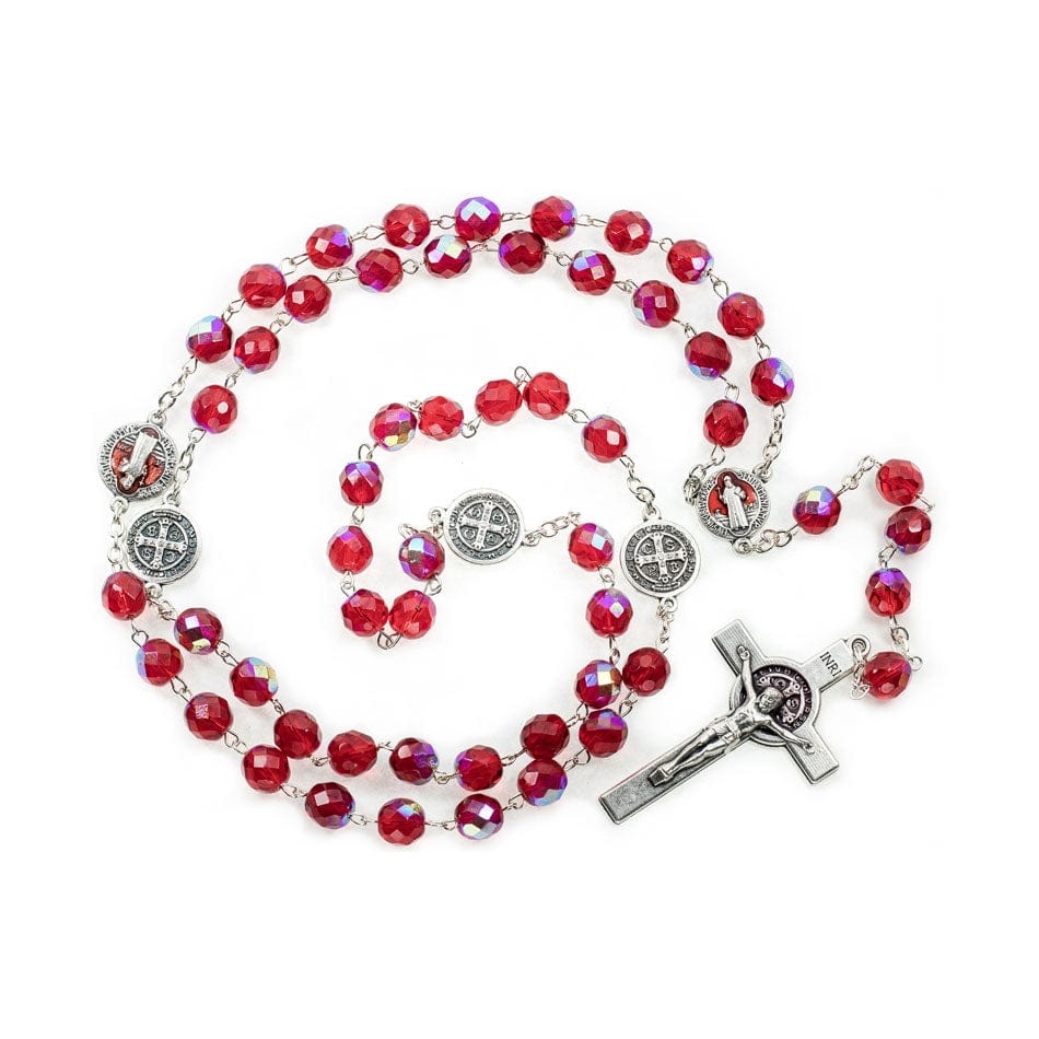 MONDO CATTOLICO Prayer Beads 53 cm (20.8 in) / 8 mm (0.31 in) Red Crystal Rosary of Saint Benedict