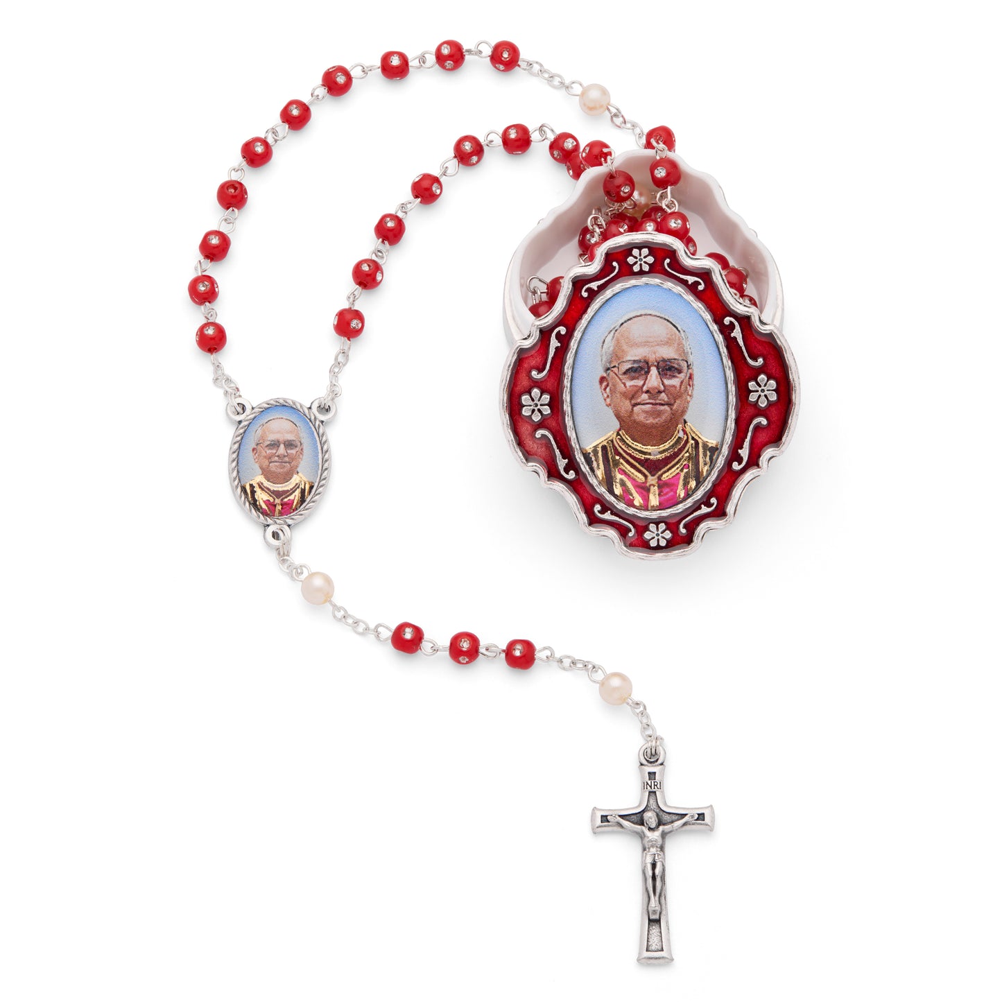 MONDO CATTOLICO ROMA Rosary Box 4 x 4.5 in (1.57 x 1.77 in) / 42 cm (16.54 in) / 4 mm (0.16 in) Red Enamel Pope Leo XIV Rosary Case with Red Rosary