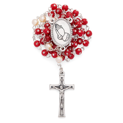 MONDO CATTOLICO ROMA Rosary Box 4 x 4.5 in (1.57 x 1.77 in) / 42 cm (16.54 in) / 4 mm (0.16 in) Red Enamel Pope Leo XIV Rosary Case with Red Rosary