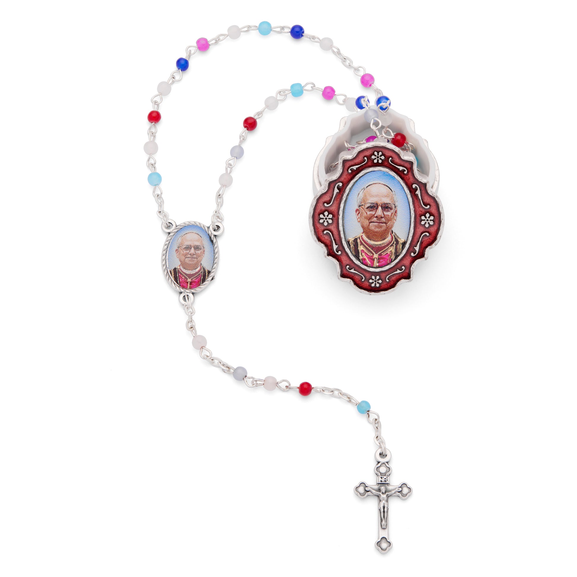 MONDO CATTOLICO ROMA Rosary Box 3 x 3.5 cm (1.18 x 1.38 in) / 42 cm (16.54 in) / 3 mm (0.12 in) Red Enameled Pope Leo XIV Rosary Case with Multicolor Rosary