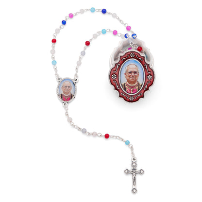 MONDO CATTOLICO ROMA Rosary Box 3 x 3.5 cm (1.18 x 1.38 in) / 42 cm (16.54 in) / 3 mm (0.12 in) Red Enameled Pope Leo XIV Rosary Case with Multicolor Rosary