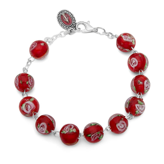MONDO CATTOLICO Prayer Beads Red Lume Rosary Bracelet with Miraculous Virgin Medal