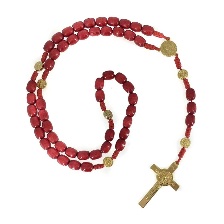 MONDO CATTOLICO Prayer Beads Red Wooden Rosary of Saint Benedict