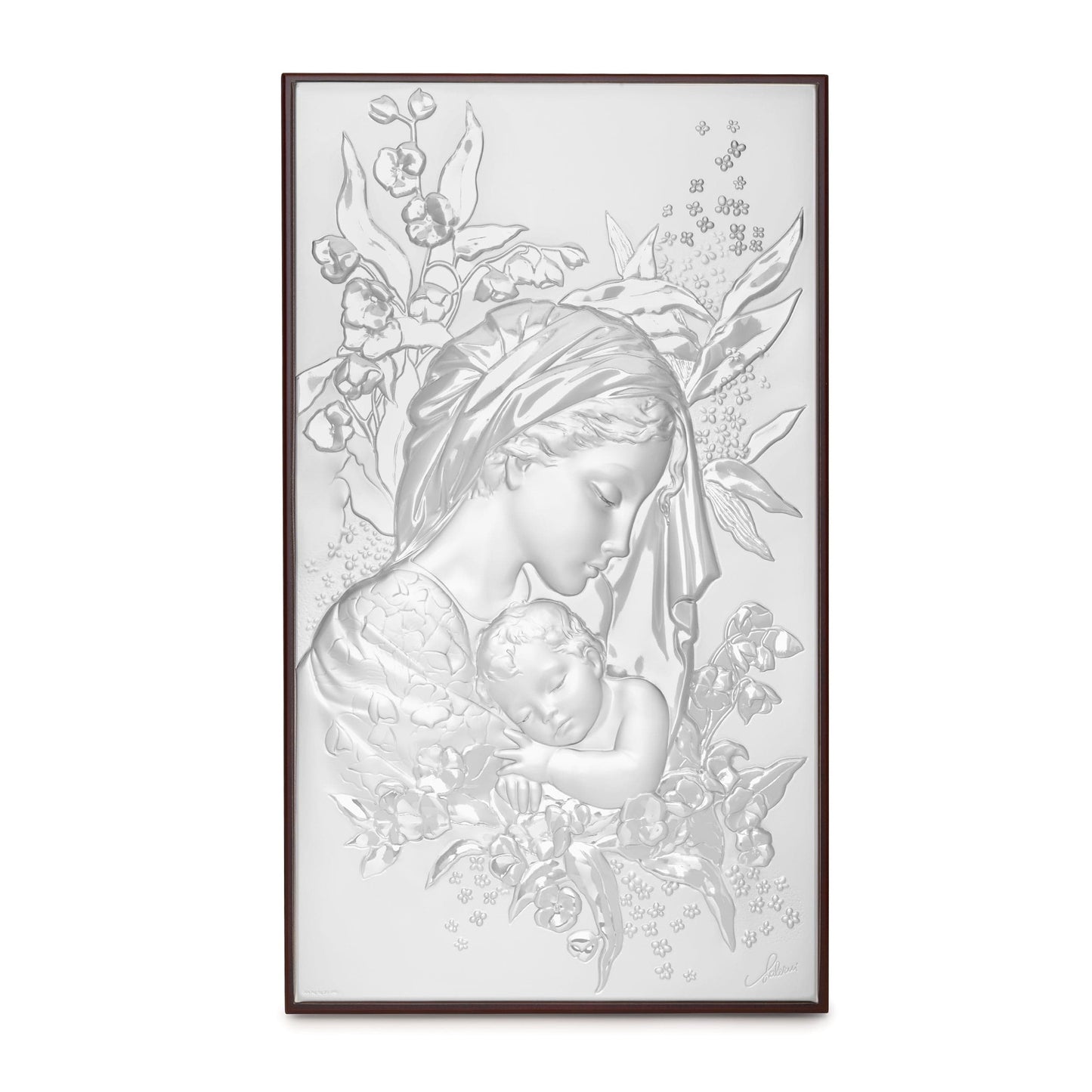 MONDO CATTOLICO Religious Picture Mother Mary and Child with Roses Bilaminated Sterling Silver