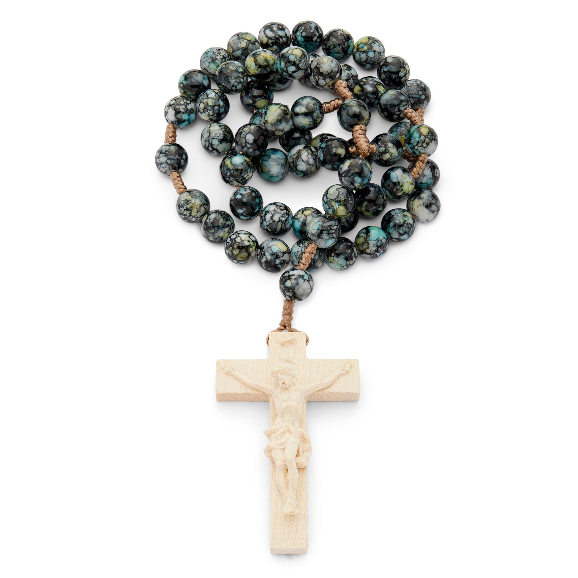 MONDO CATTOLICO Prayer Beads 35.5 cm (13.97 in) / 7 mm (0.27 in) Resin Rosary in Rope with Natural Wood Crucifix