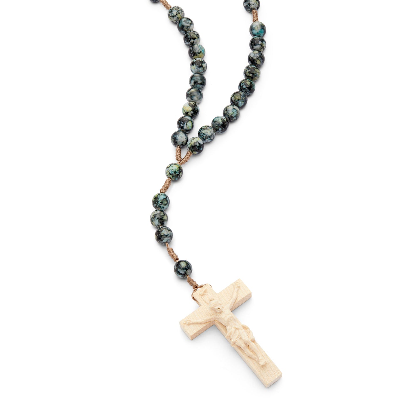 MONDO CATTOLICO Prayer Beads 35.5 cm (13.97 in) / 7 mm (0.27 in) Resin Rosary in Rope with Natural Wood Crucifix