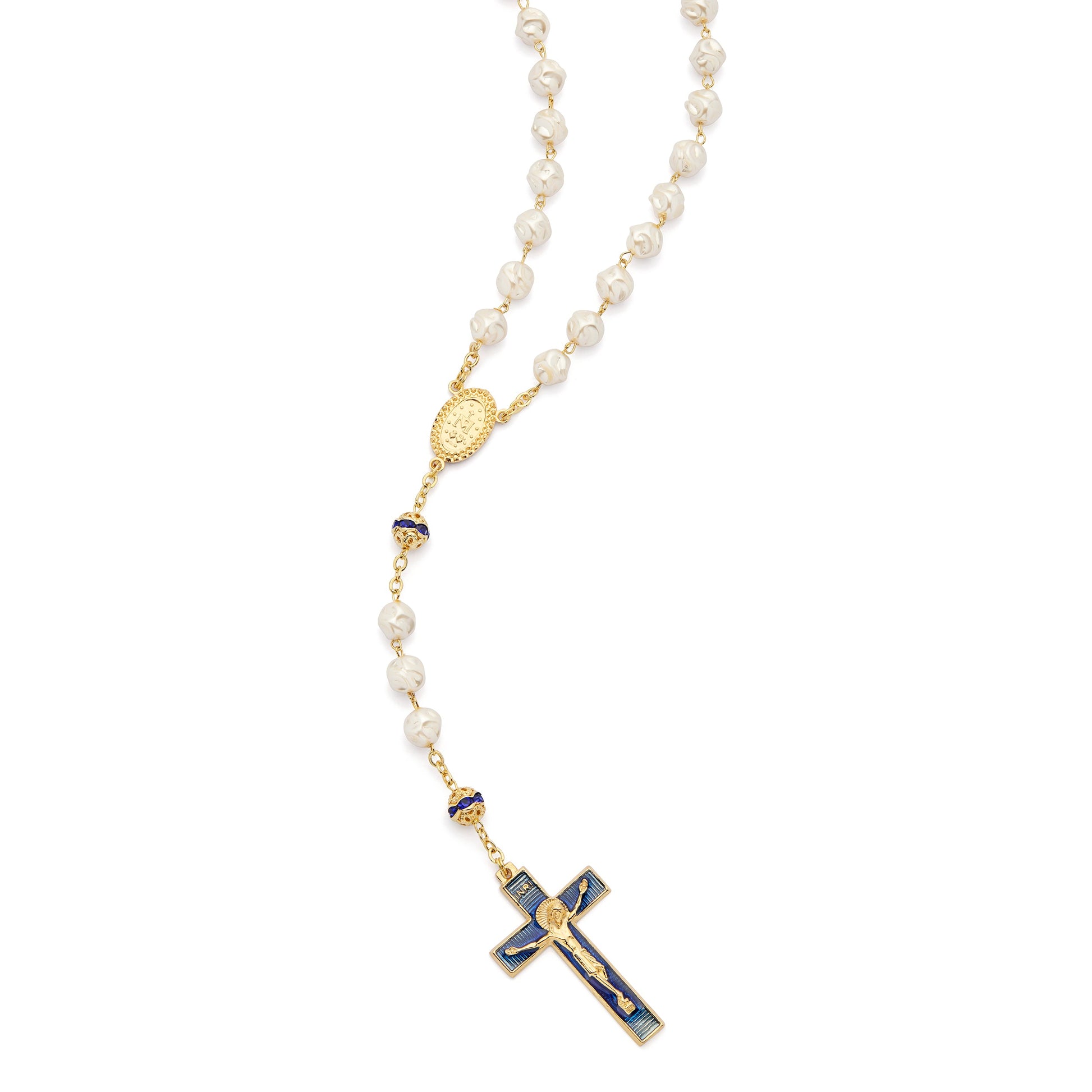 MONDO CATTOLICO ROMA 52 cm (20.47 in) / 72 cm (28.35 in) / 8 mm (0.31 in) Rosary Gold-Tone Metal with Synthetic Pearls & Miraculous Medal