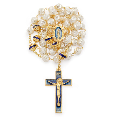 MONDO CATTOLICO ROMA 52 cm (20.47 in) / 72 cm (28.35 in) / 8 mm (0.31 in) Rosary Gold-Tone Metal with Synthetic Pearls & Miraculous Medal