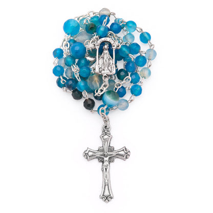 MONDO CATTOLICO ROMA Prayer Beads 36.5 cm (14.37 in) / 4 mm (0.15 in) Rosary in Blue and White Agate