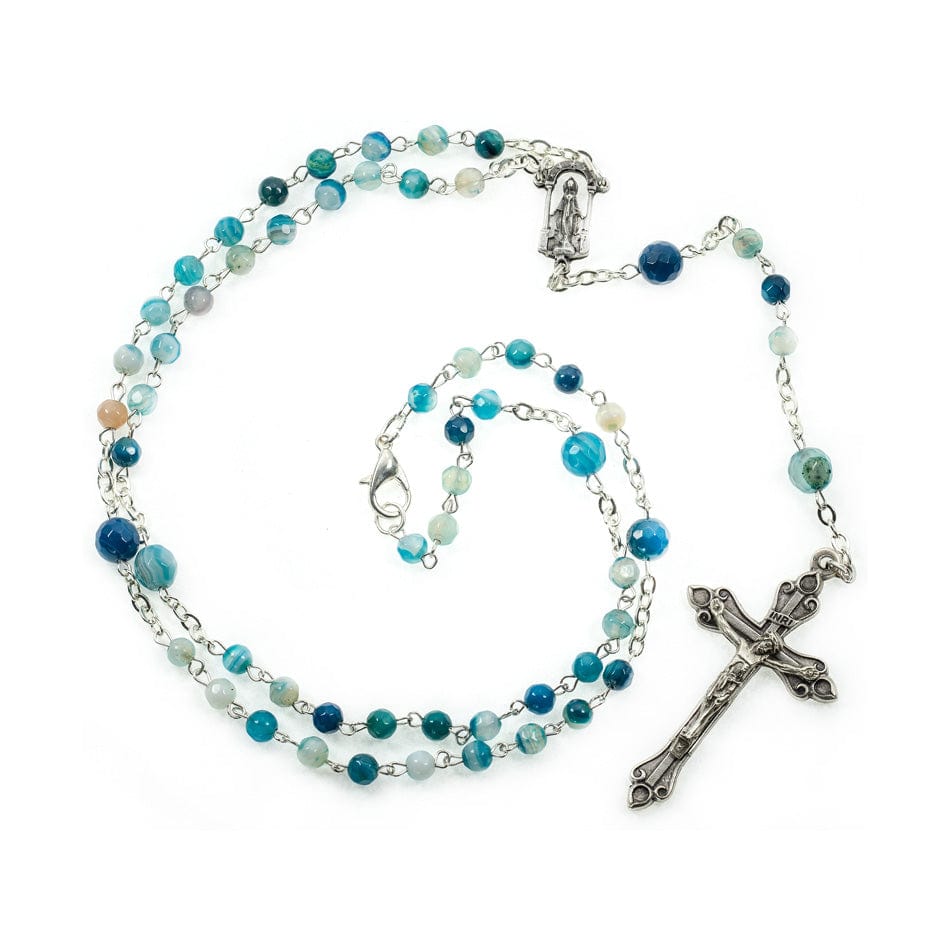 MONDO CATTOLICO Prayer Beads 36.5 cm (14.37 in) / 4 mm (0.15 in) Rosary in Blue and White Agate