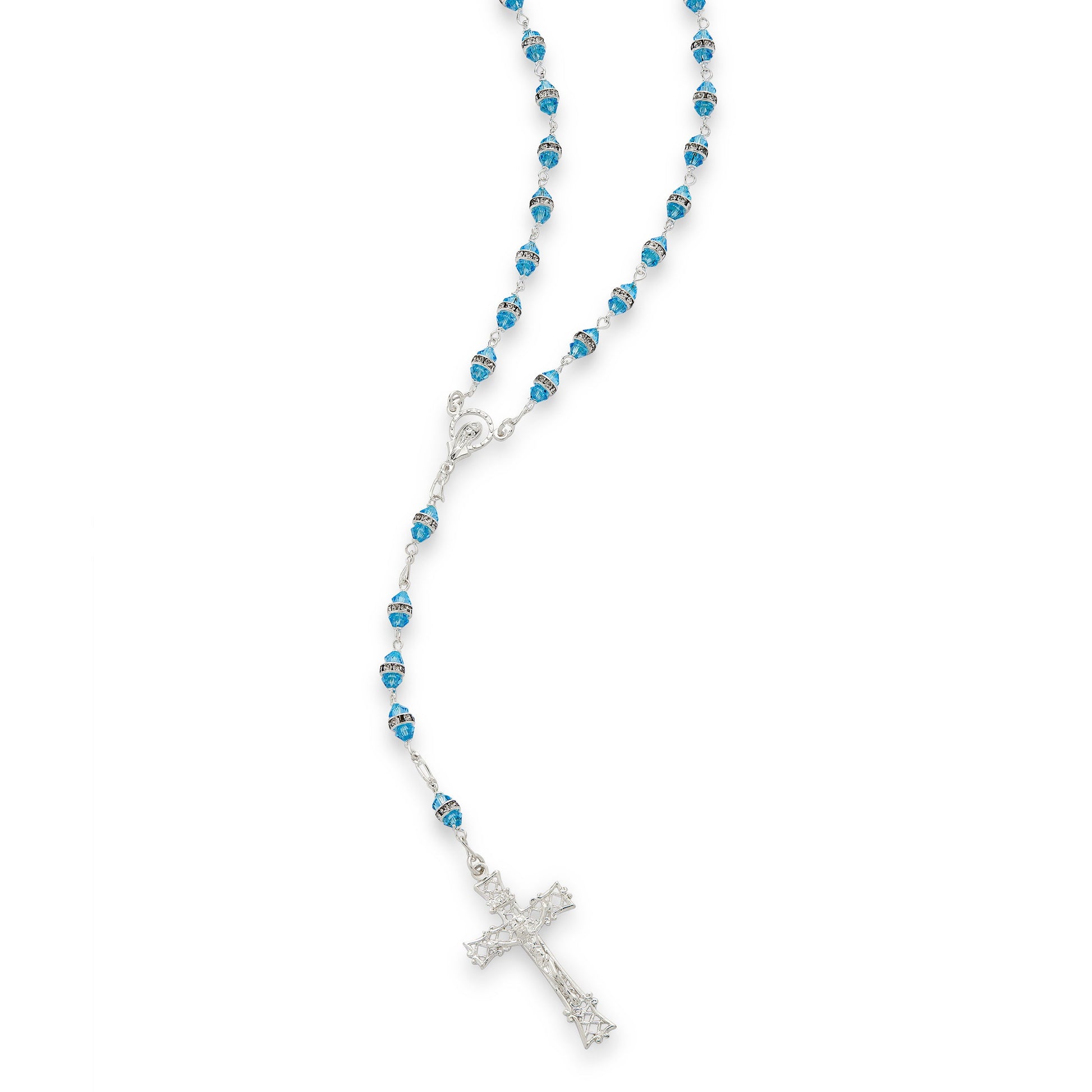 MONDO CATTOLICO ROMA Prayer Beads 56 cm (22.04 in) / 6 mm (0.23 in) Rosary in Light Blue Crystal Rhinestones
