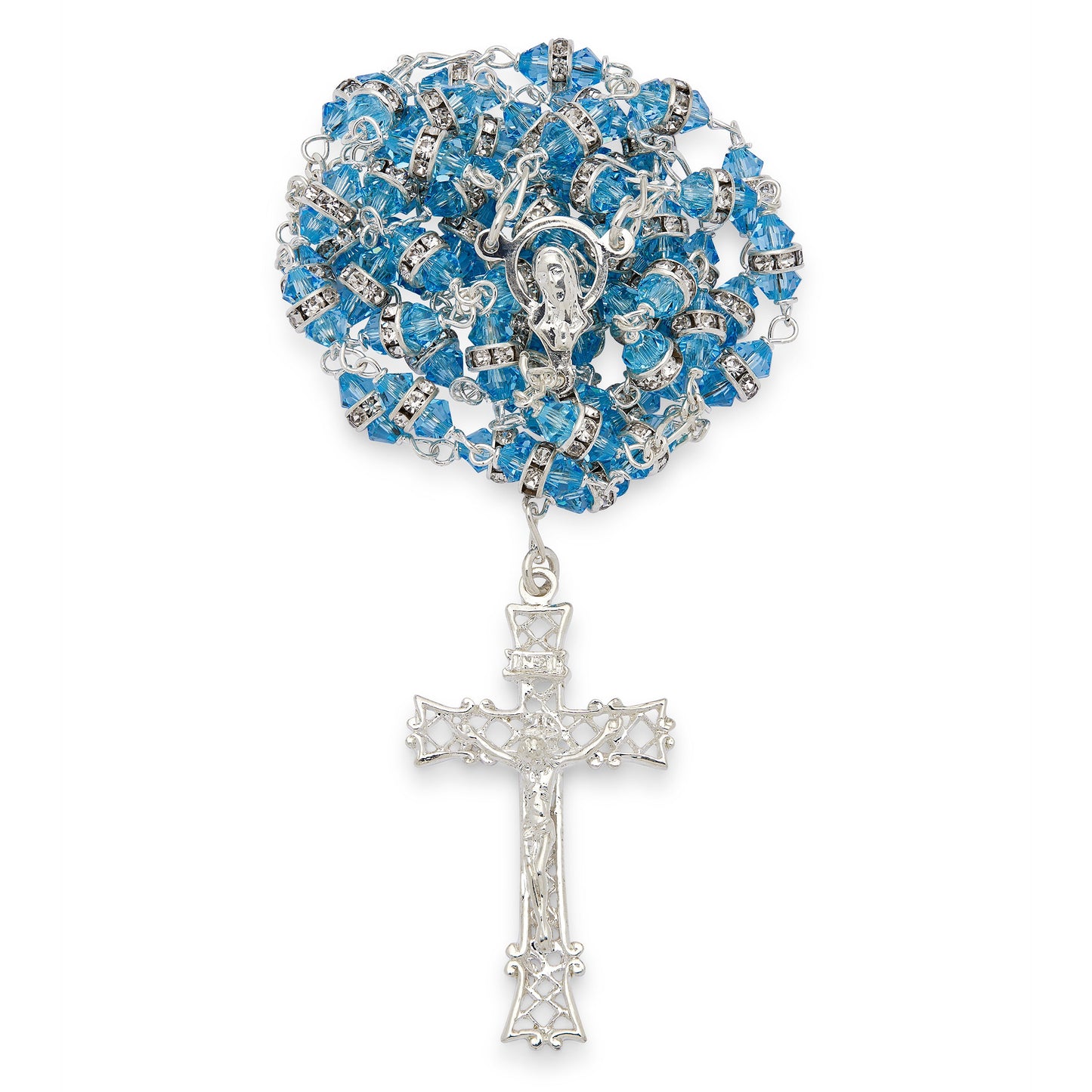 MONDO CATTOLICO ROMA Prayer Beads 56 cm (22.04 in) / 6 mm (0.23 in) Rosary in Light Blue Crystal Rhinestones