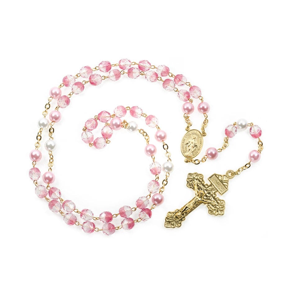 MONDO CATTOLICO Prayer Beads Rosary in Pink Pearls and Glass Beads