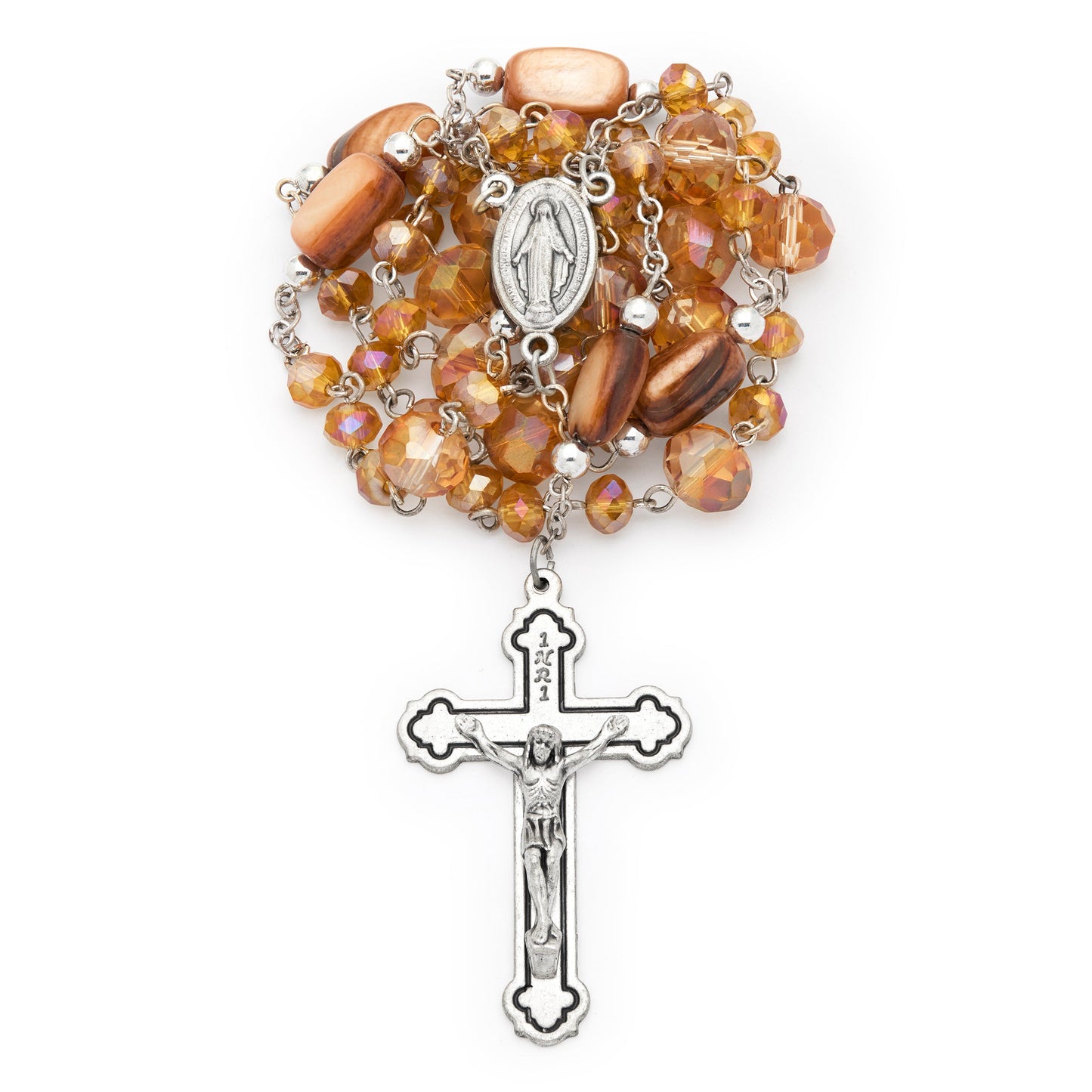 MONDO CATTOLICO ROMA Rosary 52 cm (20.47 in) / 68 cm (26.77 in) / 6 mm (0.24 in) Rosary with Beige Crystal Beads and Marbled Brown Cylindrical Beads