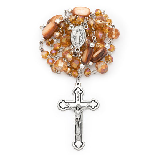 MONDO CATTOLICO ROMA Rosary 52 cm (20.47 in) / 68 cm (26.77 in) / 6 mm (0.24 in) Rosary with Beige Crystal Beads and Marbled Brown Cylindrical Beads