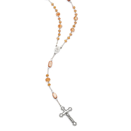MONDO CATTOLICO ROMA Rosary 52 cm (20.47 in) / 68 cm (26.77 in) / 6 mm (0.24 in) Rosary with Beige Crystal Beads and Marbled Brown Cylindrical Beads