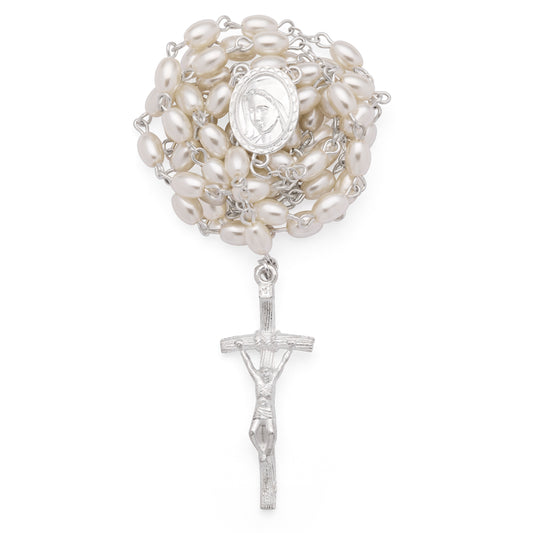MONDO CATTOLICO ROMA Rosary 55 cm (21.65 in) / 6 x 8 mm (0.24 x 0.31 in) / 7 x 7 cm (2.76 x 2.76 in) Rosary with Blue Faux Leather Case and Synthetic Pearl Beads