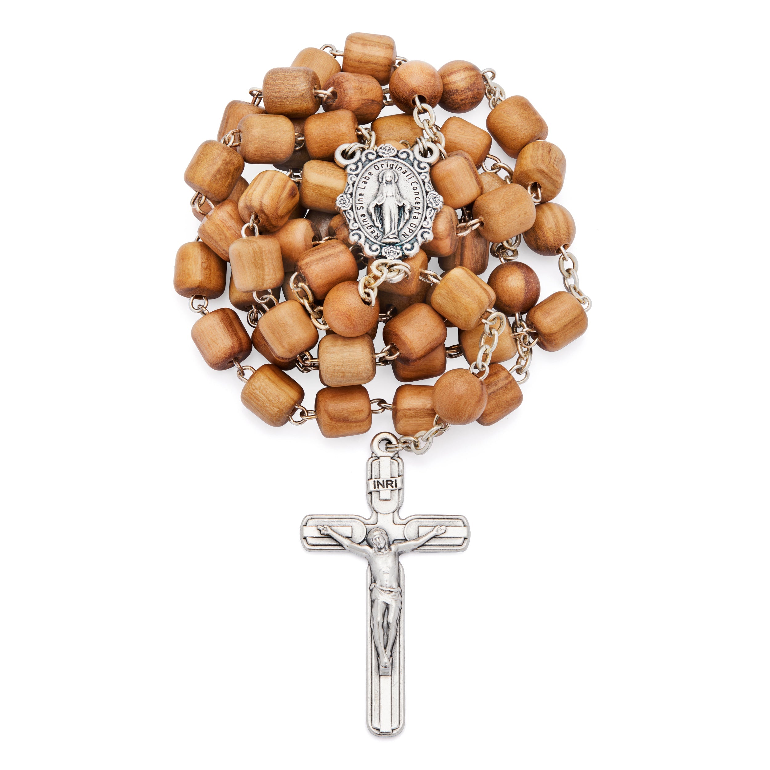 Rosary with Cylindrical Olive Wood Beads and Metal Crucifix