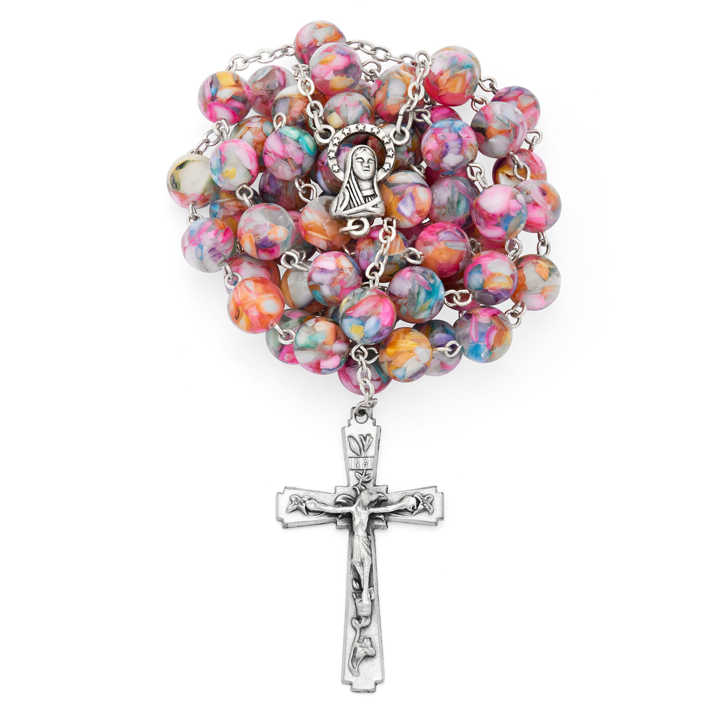 Mondo Cattolico Rosario In Madreperla Con Medaglia Sacro Cuore Di Gesù E Crocifisso Decorato - Fatto A Mano In Italia - Regalo Religioso