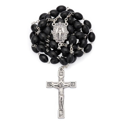 MONDO CATTOLICO ROMA Rosary 60 cm (23.62 in) / 84 cm (33.07 in) / 8x10 mm (0.31x0.39 in) Rosary with Oval Black Wooden Beads and Metal Crucifix
