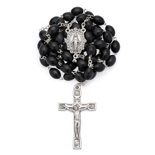 MONDO CATTOLICO ROMA Rosary 60 cm (23.62 in) / 84 cm (33.07 in) / 8x10 mm (0.31x0.39 in) Rosary with Oval Black Wooden Beads and Metal Crucifix