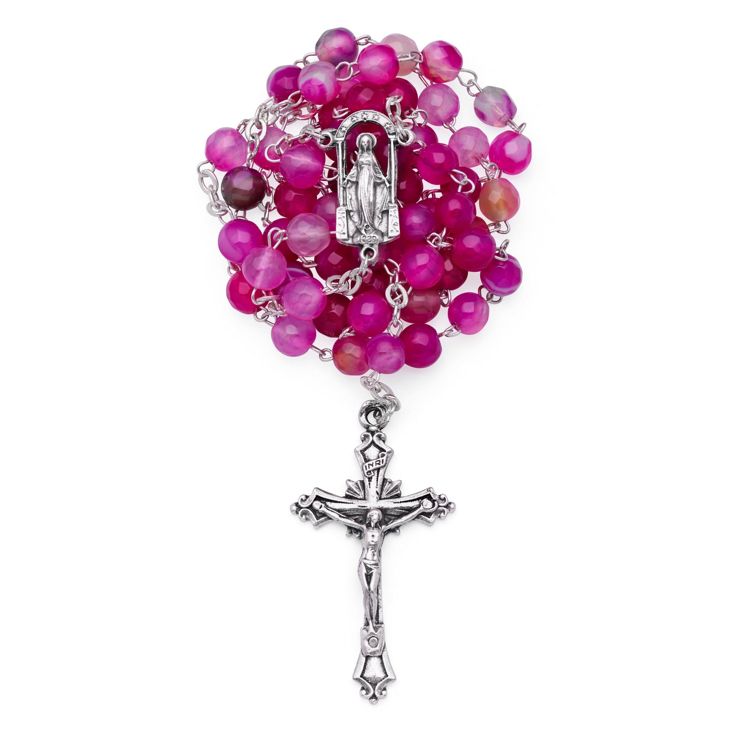 MONDO CATTOLICO ROMA Prayer Beads 45 cm (17.72 in) / 60 cm (23.62 in) / 6 mm (0.24 in) Rosary with Pink Agate Beads