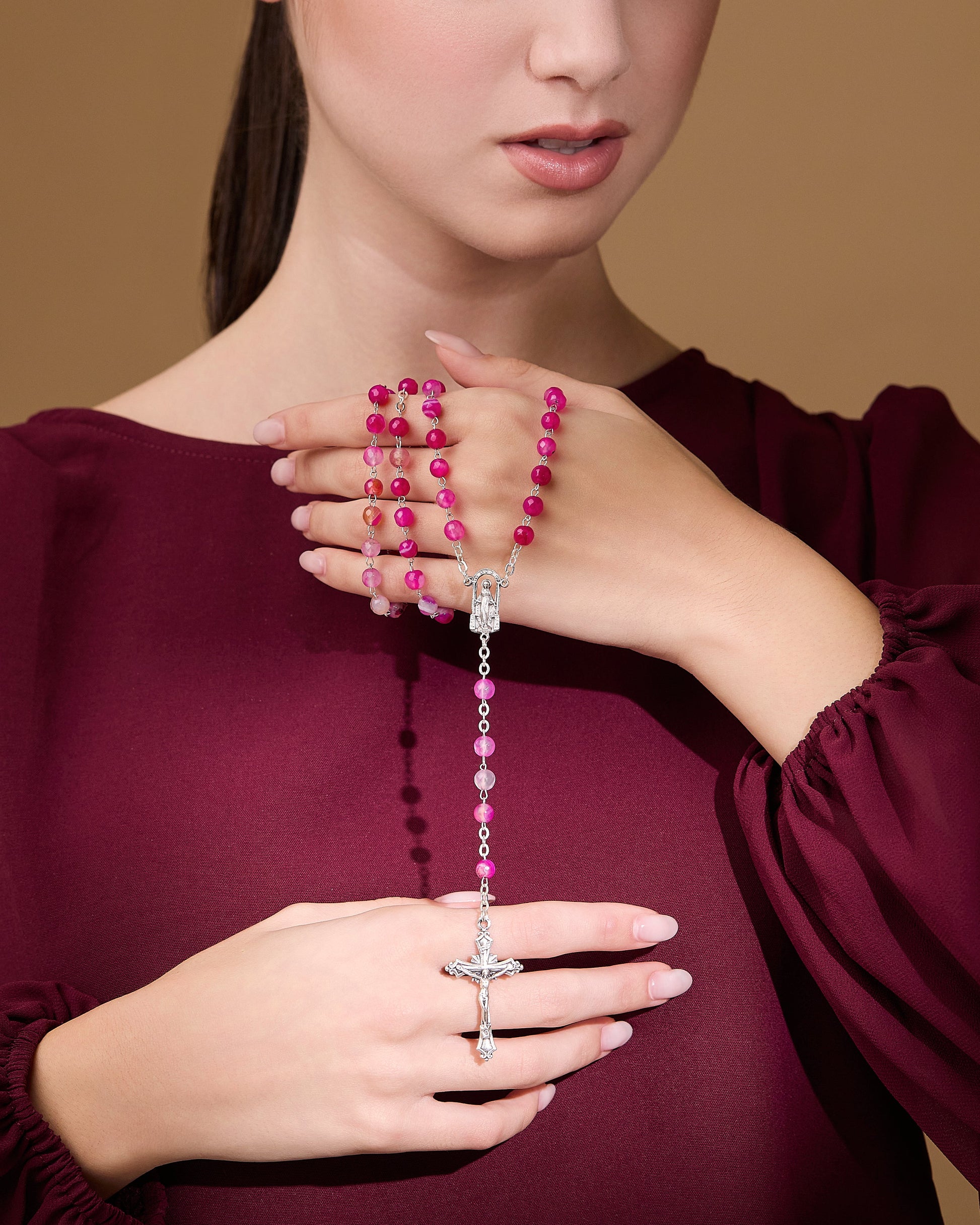 MONDO CATTOLICO ROMA Prayer Beads 45 cm (17.72 in) / 60 cm (23.62 in) / 6 mm (0.24 in) Rosary with Pink Agate Beads