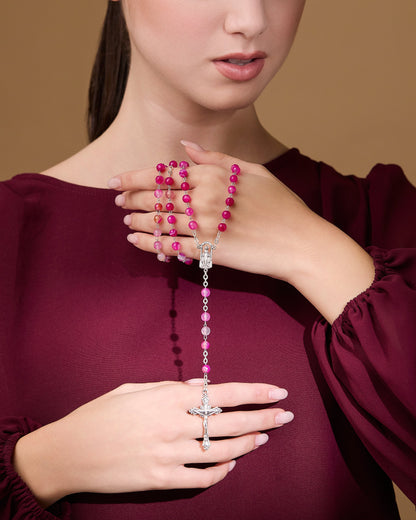 MONDO CATTOLICO ROMA Prayer Beads 45 cm (17.72 in) / 60 cm (23.62 in) / 6 mm (0.24 in) Rosary with Pink Agate Beads