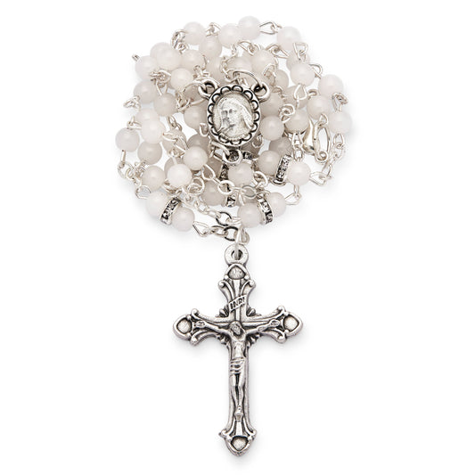 MONDO CATTOLICO ROMA Rosary 42 cm (16.54 in) / 60 cm (23.62 in) / 4 mm (0.16 in) Rosary with White Glass Beads and Rhinestone Spacers