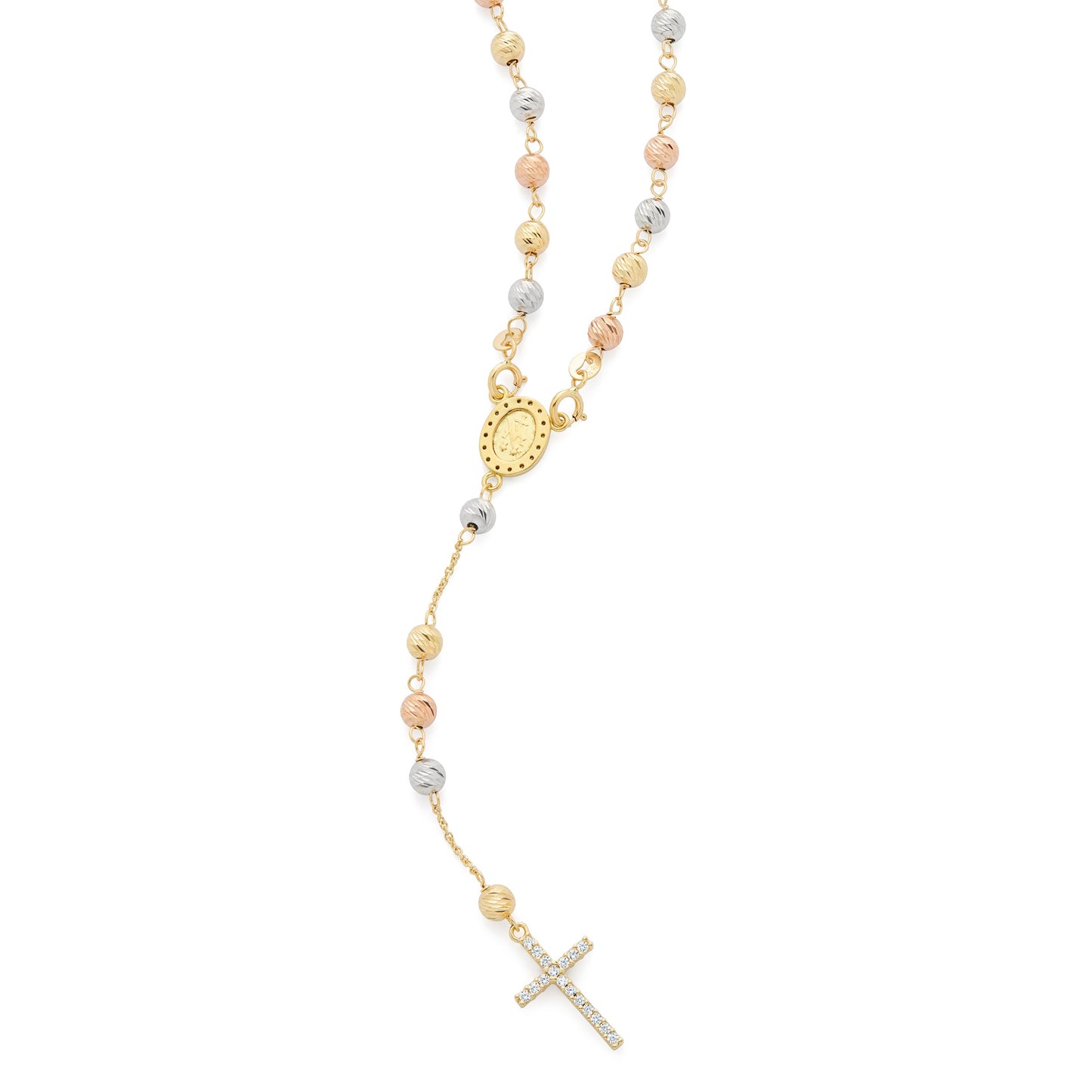 MONDO CATTOLICO ROMA Rosary 34 cm (13.39 in) / 4 mm (0.16 in) / 50 cm (19.69 in) Rosary with Yellow Gold, White Gold and Rose Gold Beads, Miraculous Medal and Cross in Cubic Zirconia
