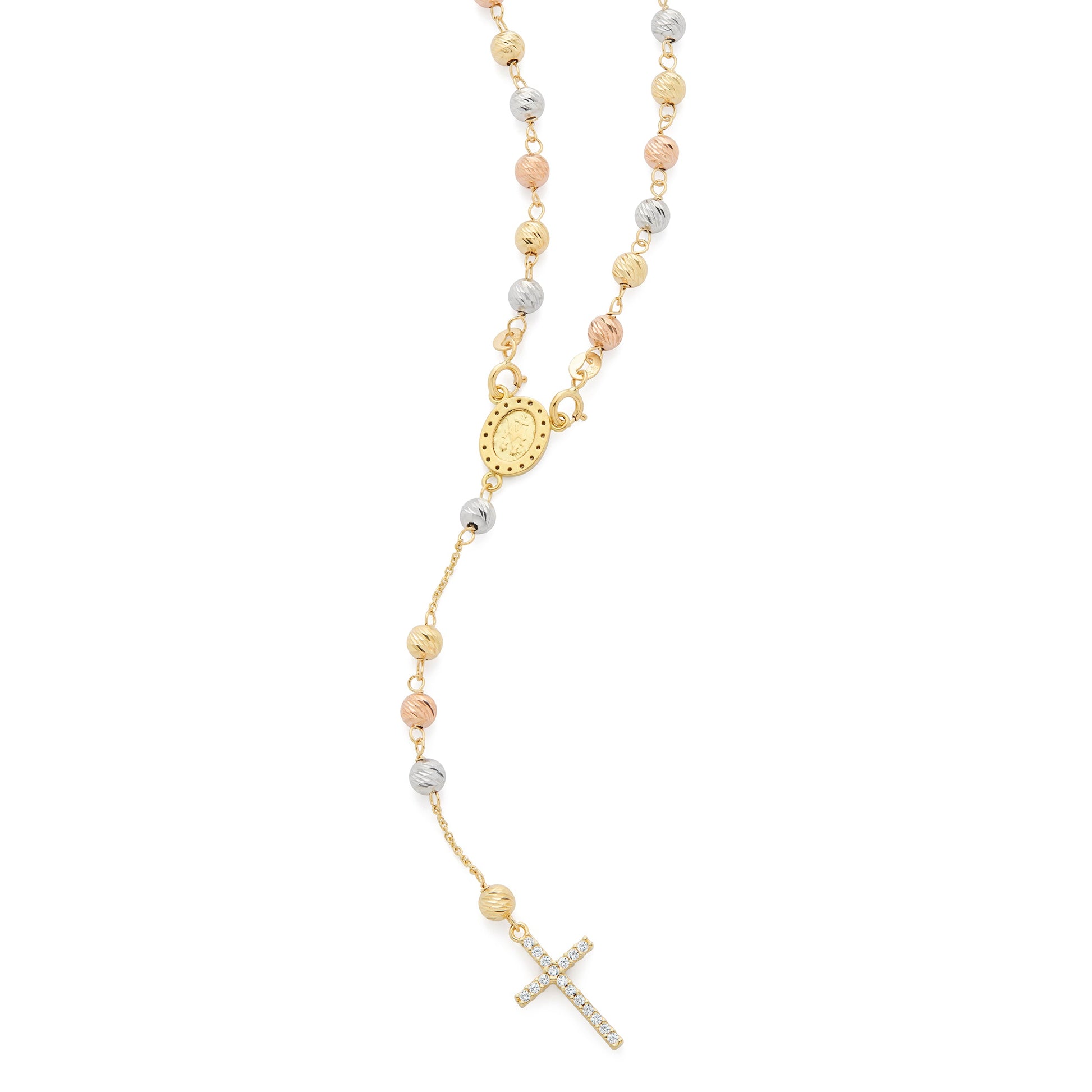 MONDO CATTOLICO ROMA Rosary 34 cm (13.39 in) / 4 mm (0.16 in) / 50 cm (19.69 in) Rosary with Yellow Gold, White Gold and Rose Gold Beads, Miraculous Medal and Cross in Cubic Zirconia