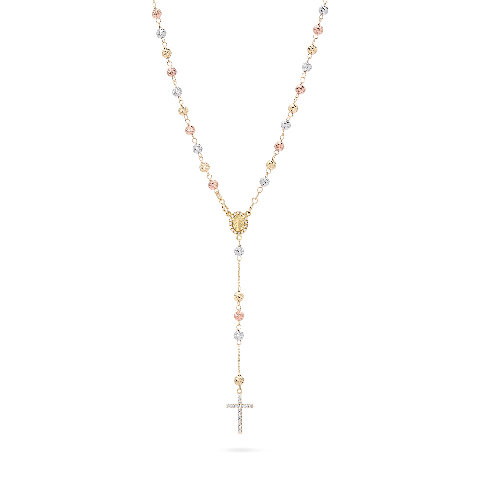MONDO CATTOLICO ROMA Rosary 34 cm (13.39 in) / 4 mm (0.16 in) / 50 cm (19.69 in) Rosary with Yellow Gold, White Gold and Rose Gold Beads, Miraculous Medal and Cross in Cubic Zirconia