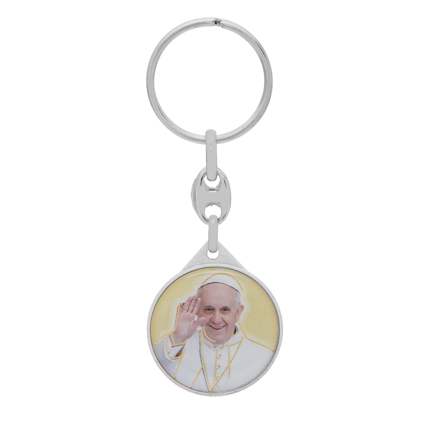 Mondo Cattolico Keychains Round Colored Metal Keychain of Pope Francis With Yellow Background