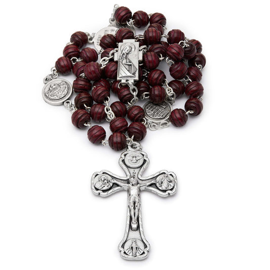 Auto Rosary Jesus Sacred Heart Medal Oxidized Red Crystal Beads