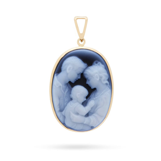 MONDO CATTOLICO 2.5 cm x 2 cm (1 in x 0.8 in) Sacred Family Cameo in Yellow Gold and Blue Agate
