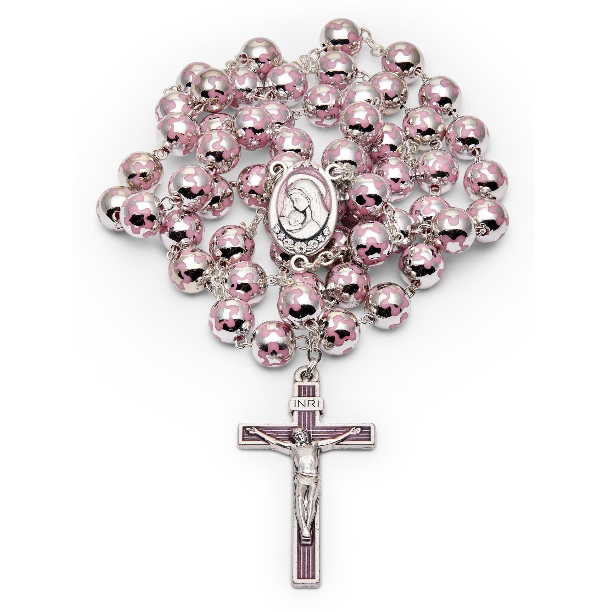 MONDO CATTOLICO Prayer Beads 58 cm (22.83 in) / 10 mm (0.39 in) Sacred Heart of Jesus Rosary in Silver Color Beads decorated with Pink Flowers