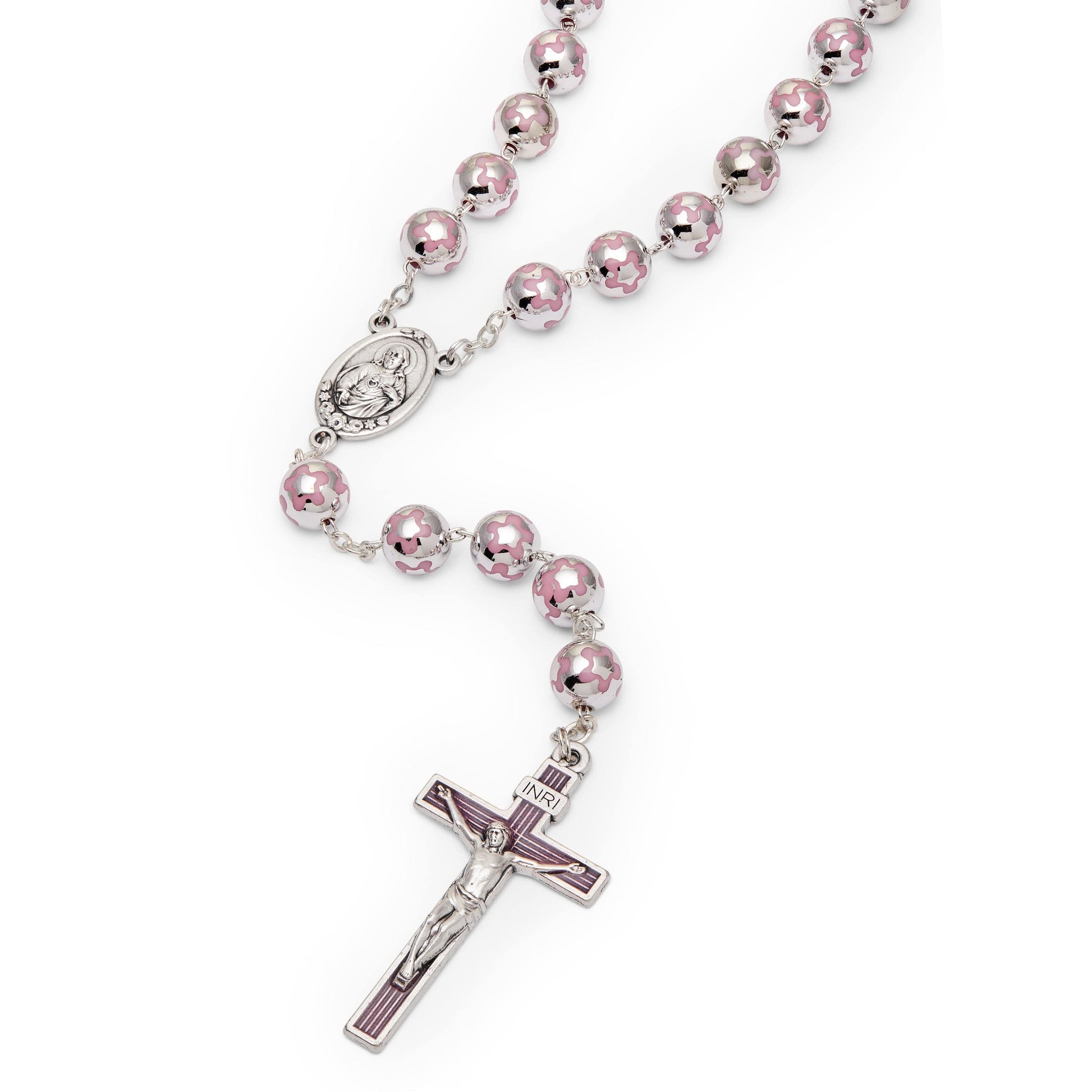MONDO CATTOLICO Prayer Beads 58 cm (22.83 in) / 10 mm (0.39 in) Sacred Heart of Jesus Rosary in Silver Color Beads decorated with Pink Flowers