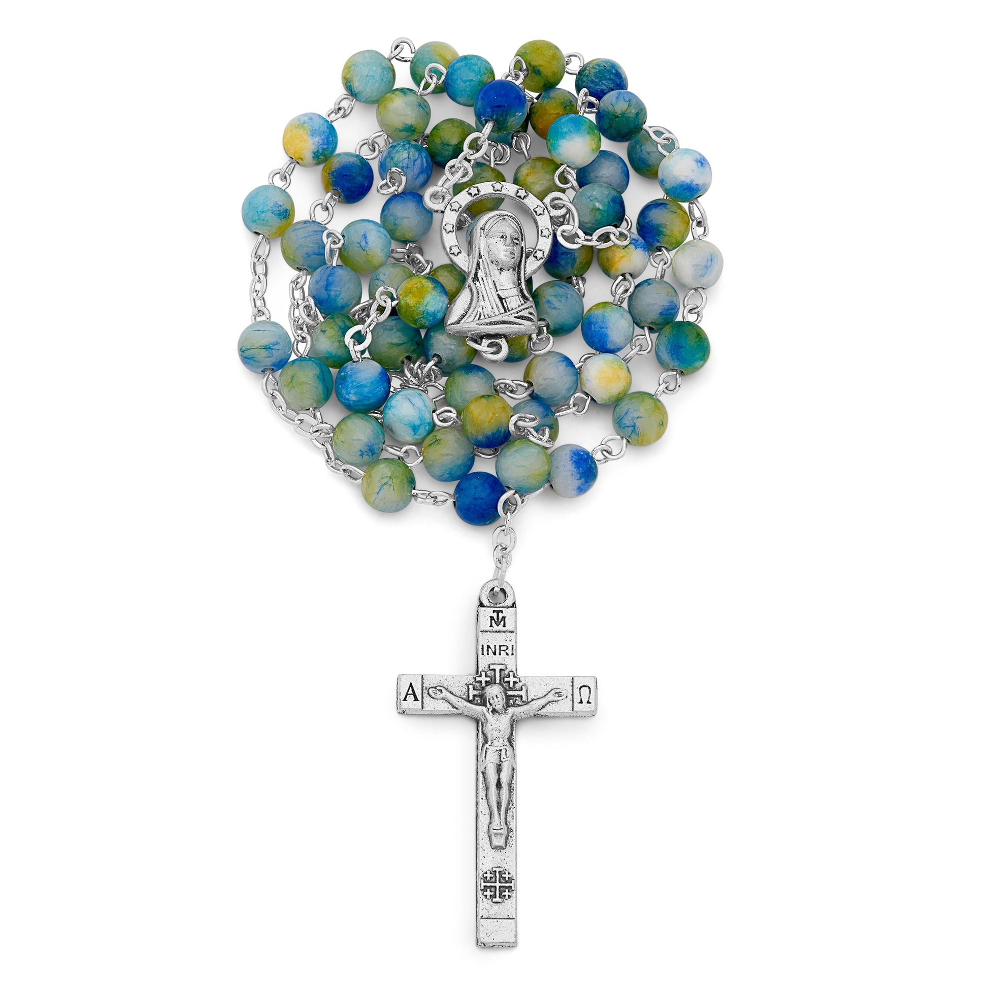 MONDO CATTOLICO ROMA Rosary 46 cm (18.11 in) / 60 cm (23.62 in) / 6 mm (0.24 in) Sacred Heart of Jesus Rosary with Blue and Green Calcite Beads