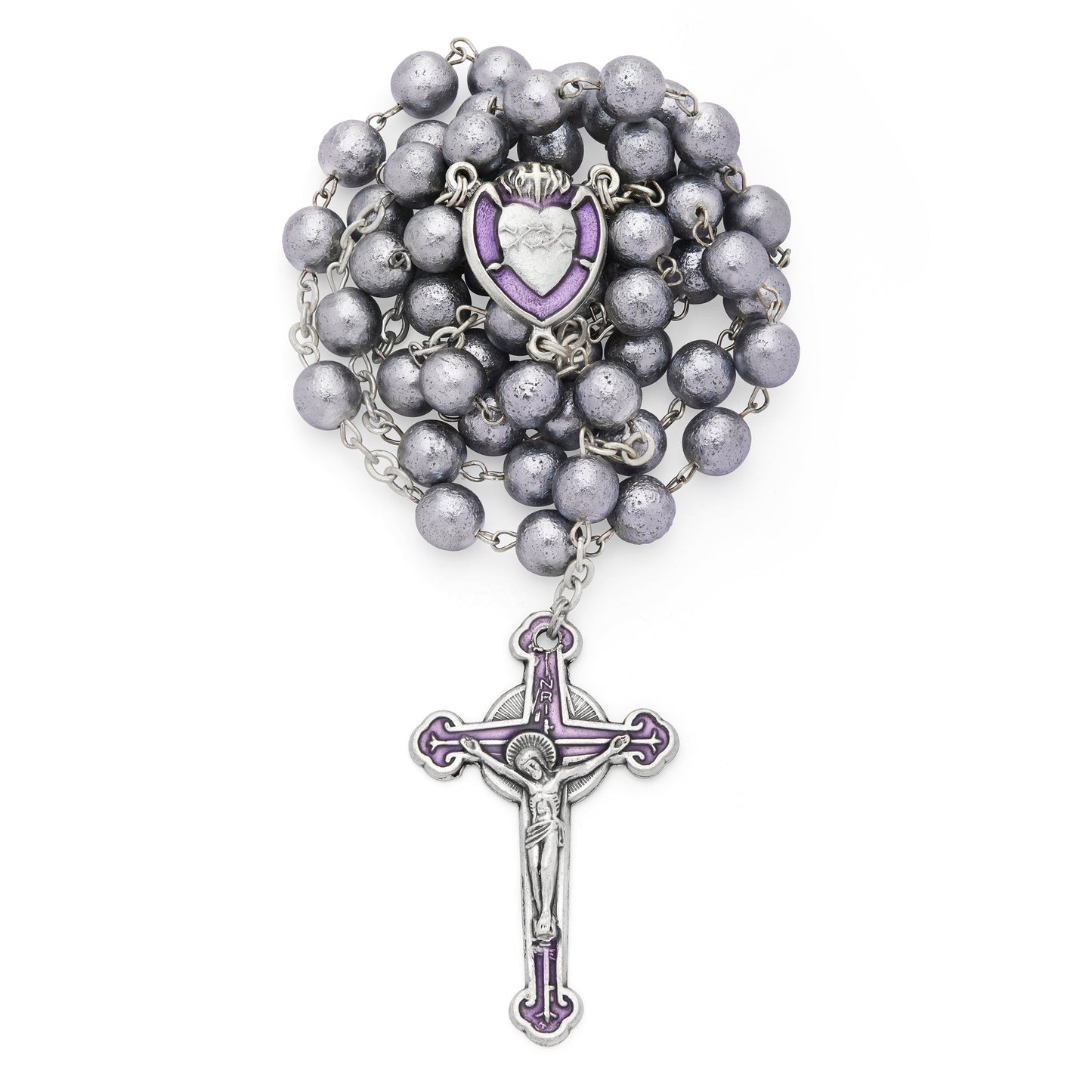 MONDO CATTOLICO ROMA Rosary 50 cm (19.69 in) / 66 cm (25.98 in) / 7 mm (0.28 in) Sacred Heart of Jesus Rosary with Gray Pearl Glass Beads