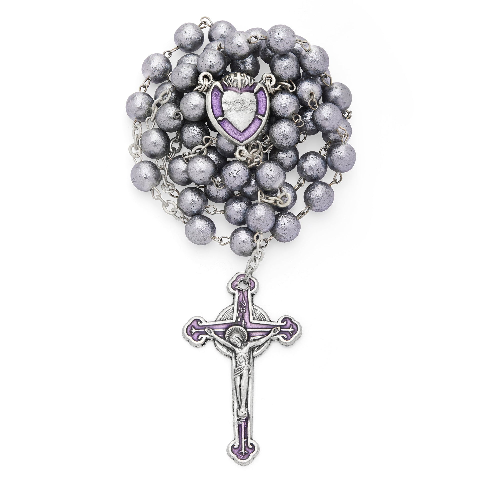 MONDO CATTOLICO ROMA Rosary 50 cm (19.69 in) / 66 cm (25.98 in) / 7 mm (0.28 in) Sacred Heart of Jesus Rosary with Gray Pearl Glass Beads