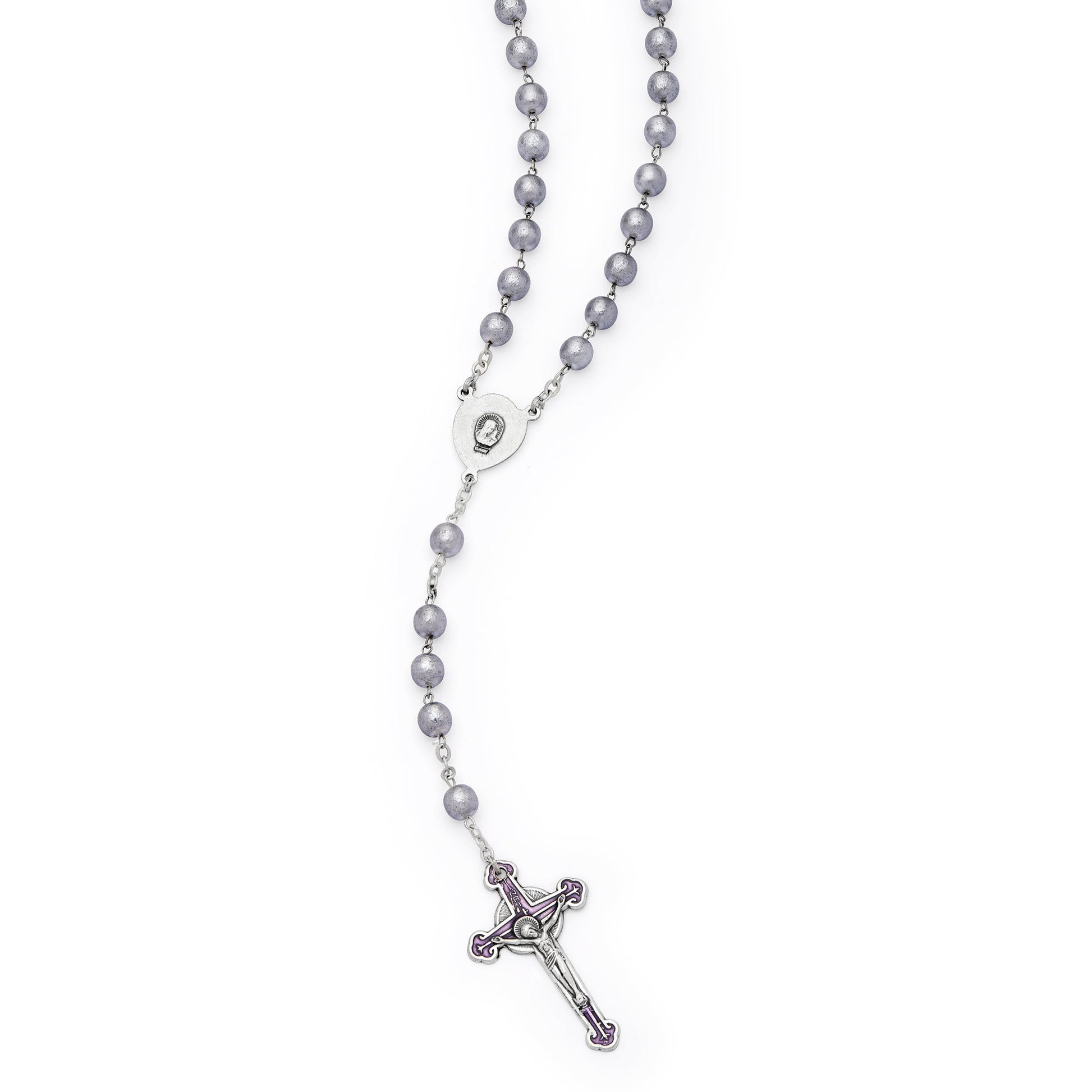 MONDO CATTOLICO ROMA Rosary 50 cm (19.69 in) / 66 cm (25.98 in) / 7 mm (0.28 in) Sacred Heart of Jesus Rosary with Gray Pearl Glass Beads