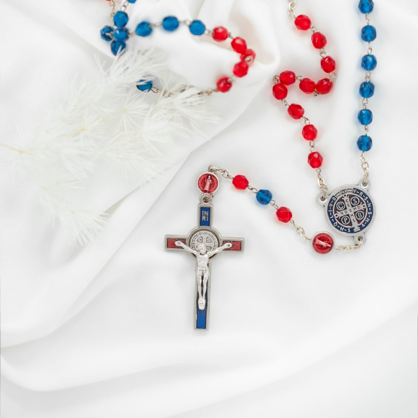 MONDO CATTOLICO Prayer Beads Saint Benedict Blue and Red Crystals Beads Rosary