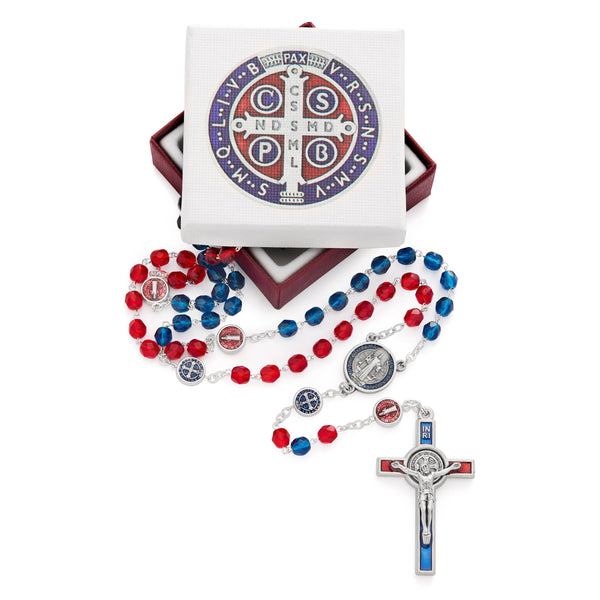 Saint Benedict Blue and Red Crystals Beads Rosary | MONDO CATTOLICO