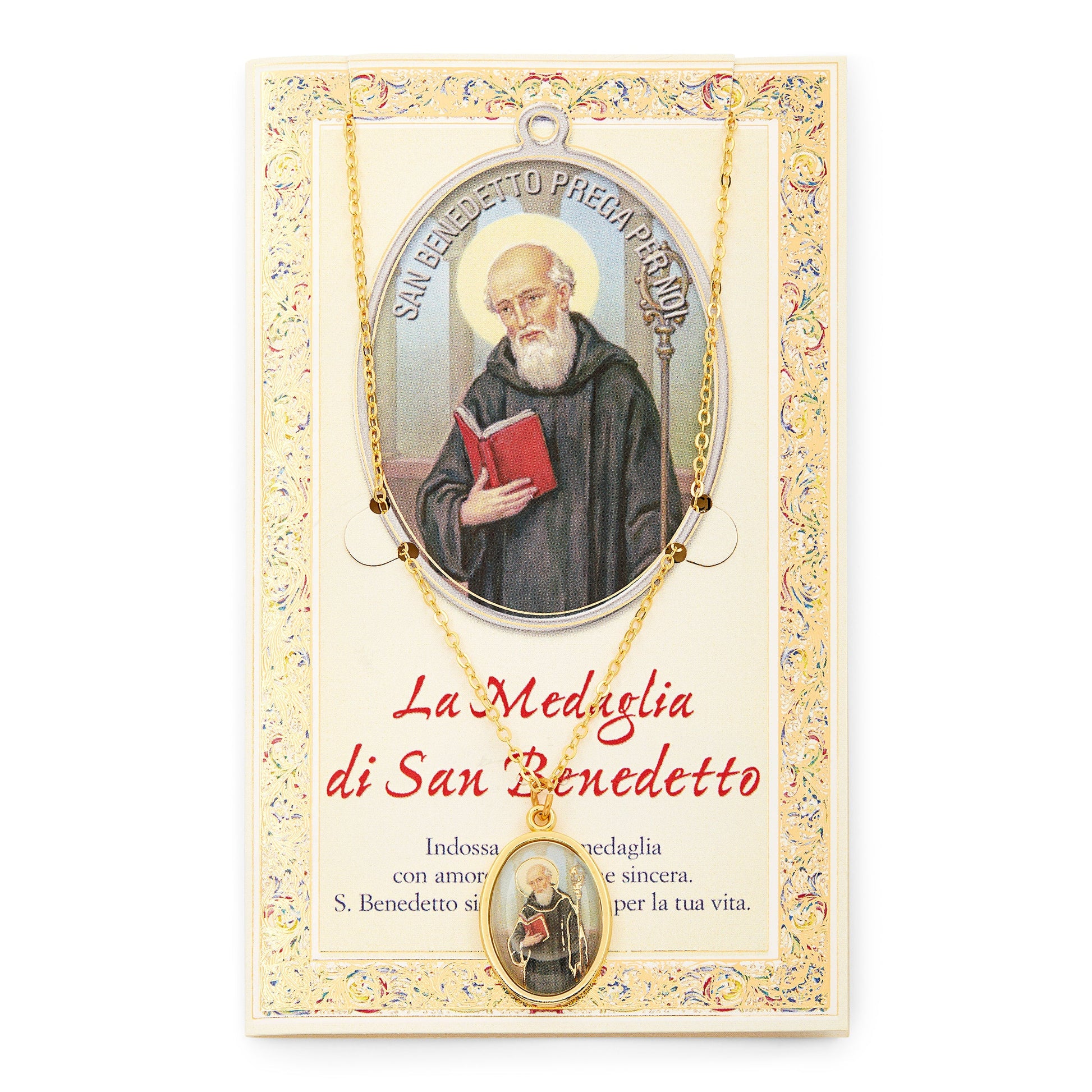 MONDO CATTOLICO Saint Benedict Holy Card with Medal and Chain