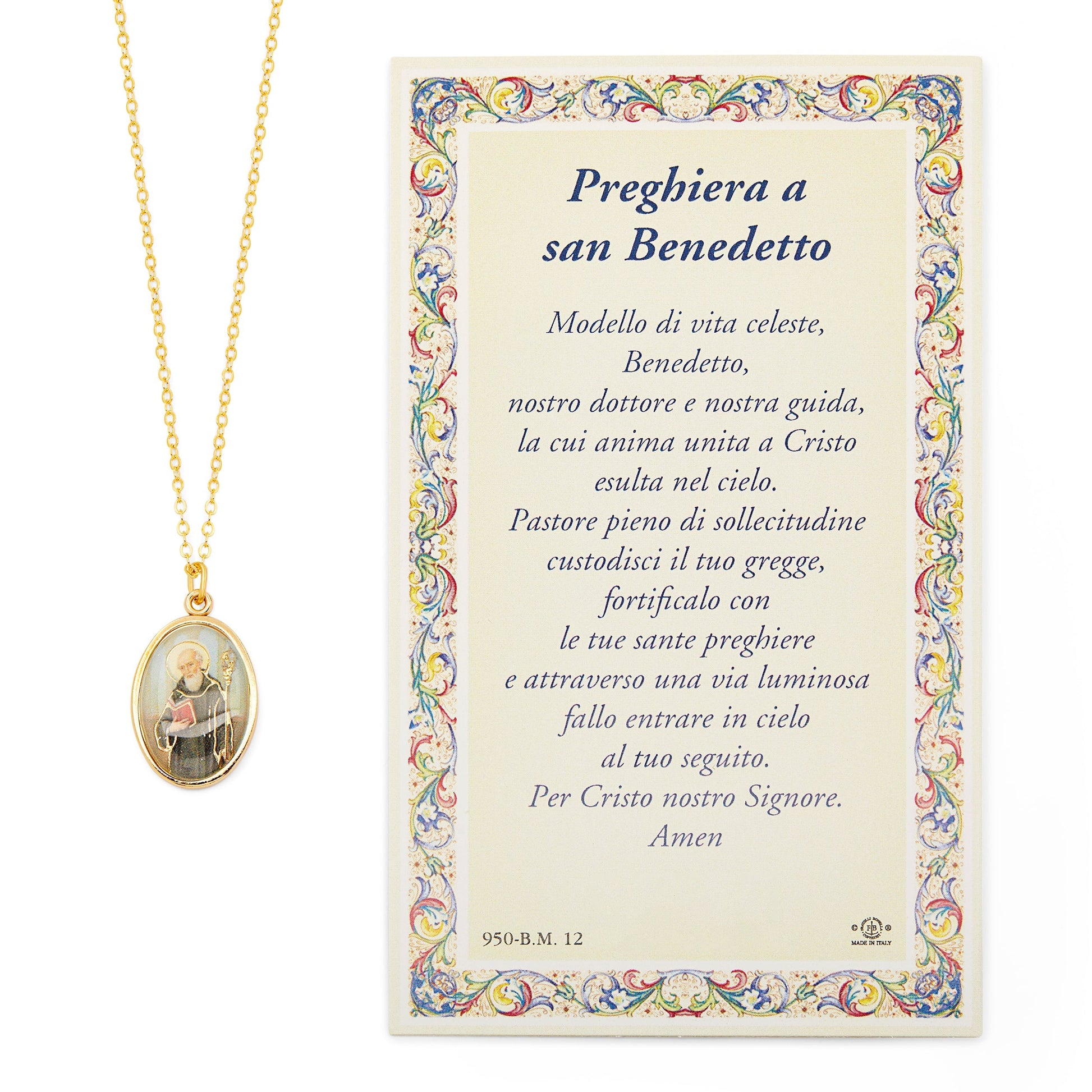 MONDO CATTOLICO Saint Benedict Holy Card with Medal and Chain
