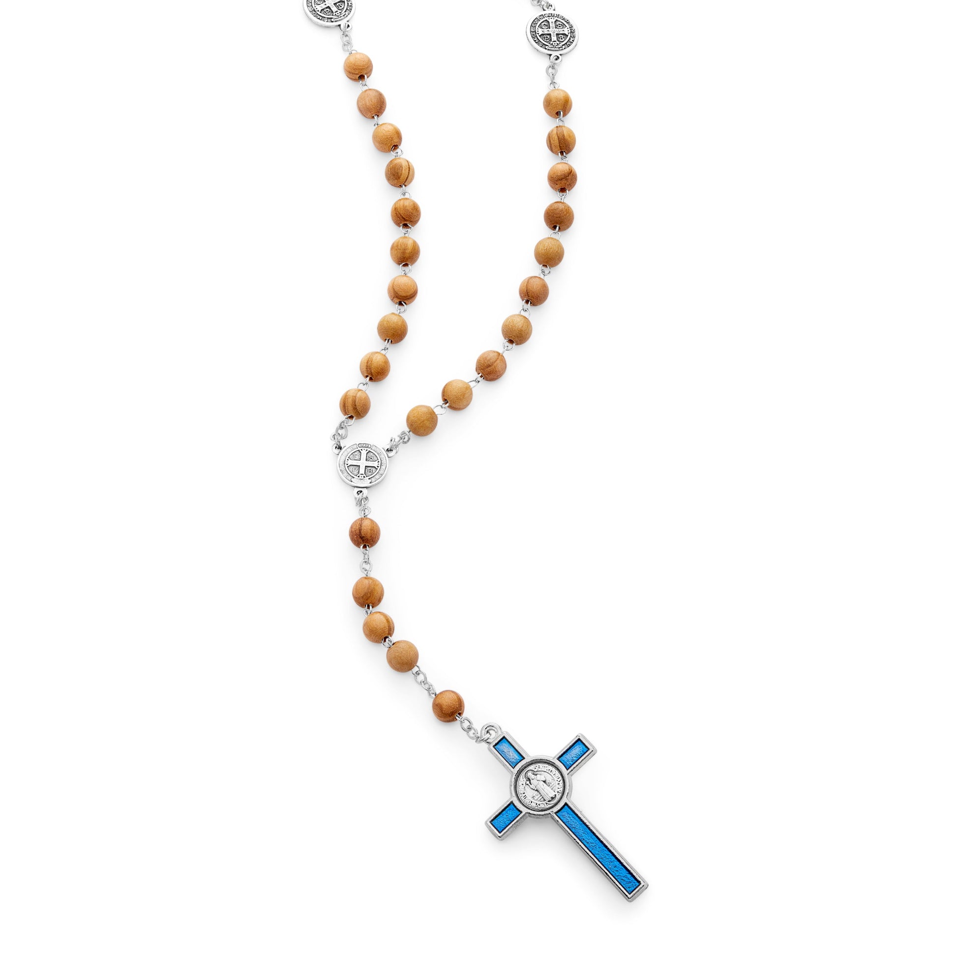 MONDO CATTOLICO ROMA Rosary 54 cm (21.26 in) / 72 cm (28.35 in) / 8 mm (0.31 in) Saint Benedict Olive Wood Rosary with Blue Enameled Crucifix