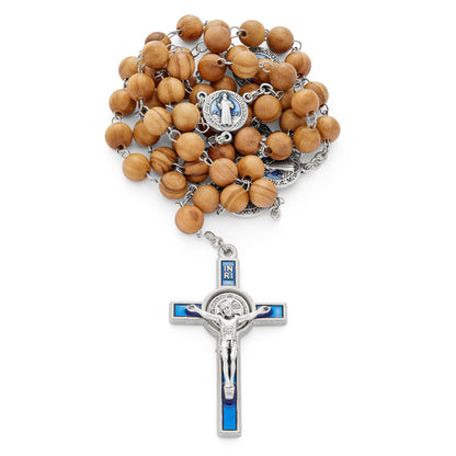 MONDO CATTOLICO ROMA Rosary 54 cm (21.26 in) / 72 cm (28.35 in) / 8 mm (0.31 in) Saint Benedict Olive Wood Rosary with Blue Enameled Crucifix