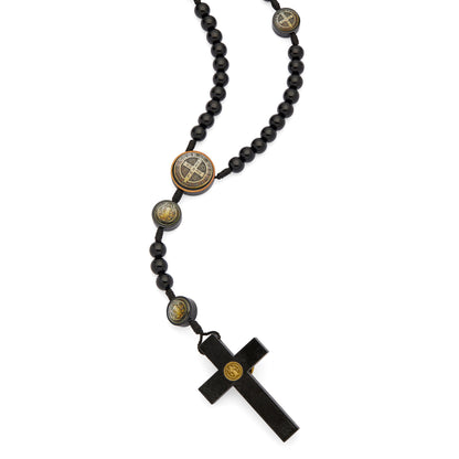 MONDO CATTOLICO ROMA Prayer Beads 48 cm (18.90 in) / 56 cm (22.05 in) / 10 mm (0.39 in) Saint Benedict Rosary in Black Wood with Bronze-Tone Metal Details
