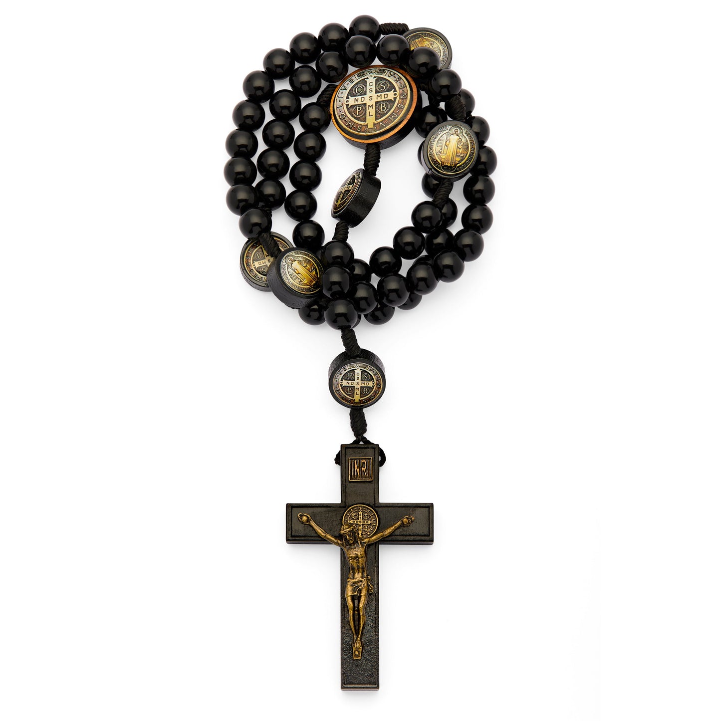 MONDO CATTOLICO ROMA Prayer Beads 48 cm (18.90 in) / 56 cm (22.05 in) / 10 mm (0.39 in) Saint Benedict Rosary in Black Wood with Bronze-Tone Metal Details
