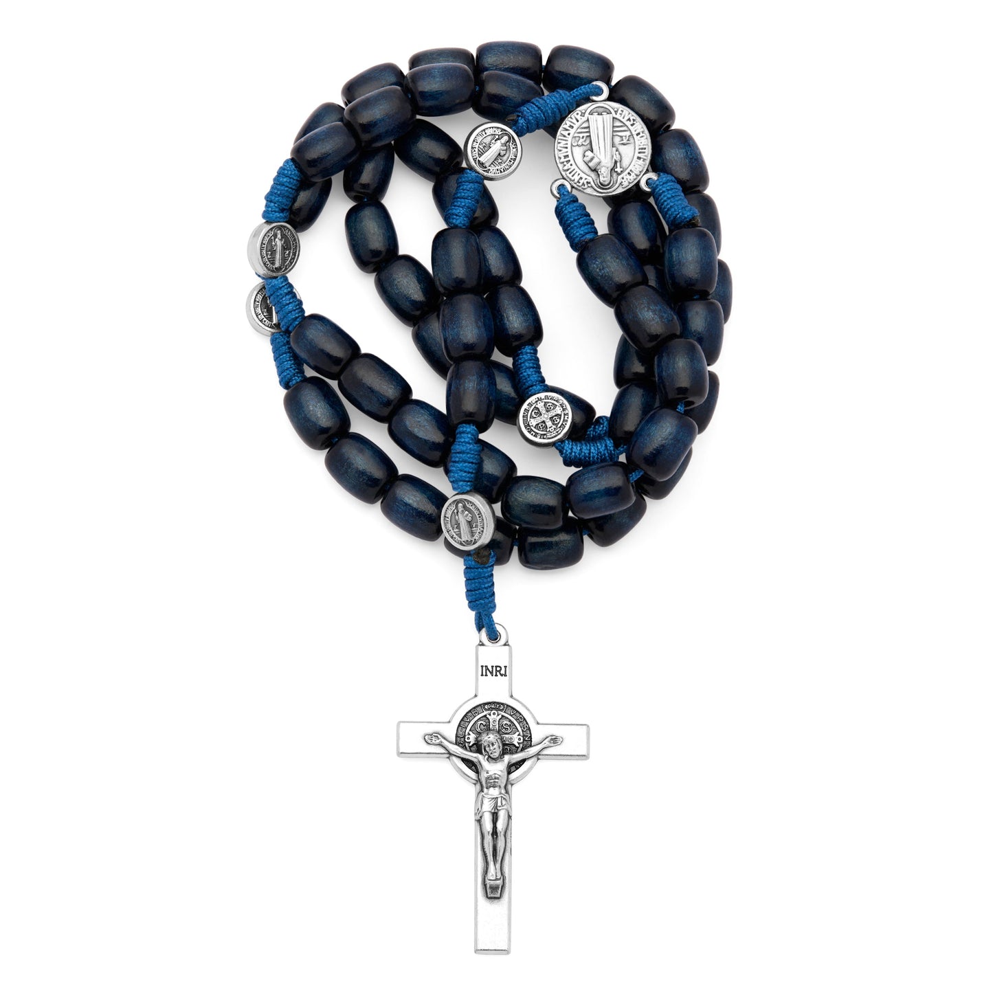 MONDO CATTOLICO ROMA Rosary 52 cm (20.47 in) / 70 cm (27.56 in) / 8x10 mm (0.31x0.39 in) Saint Benedict Rosary in Dark Blue Wood with Metal Crucifix